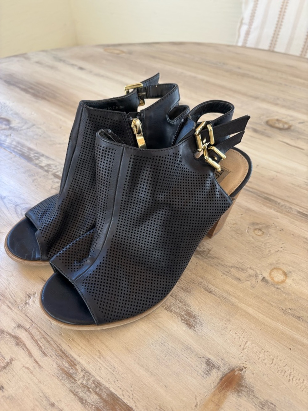 Steve Madden Black Perforated Peep-Toe Slingback Heels with Gold Buckles